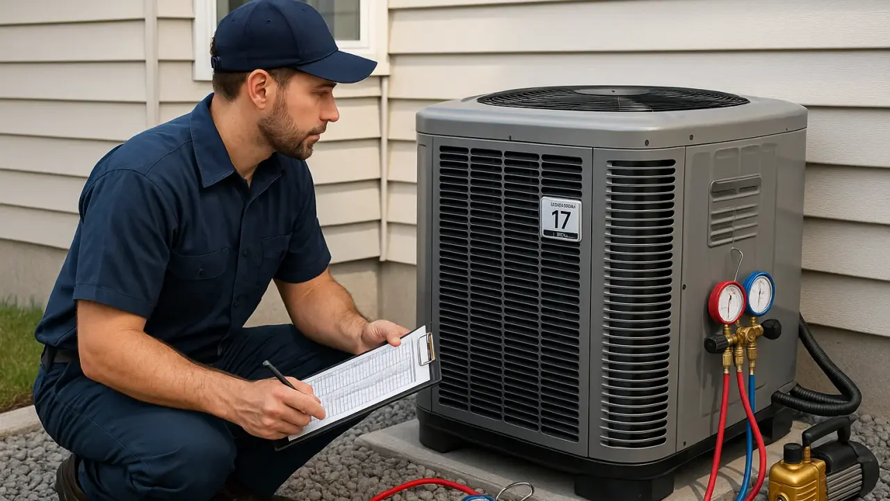 Illustration of an HVAC technician kneeling beside an outdoor air conditioning unit with refrigerant gauges connected and a clipboard in hand