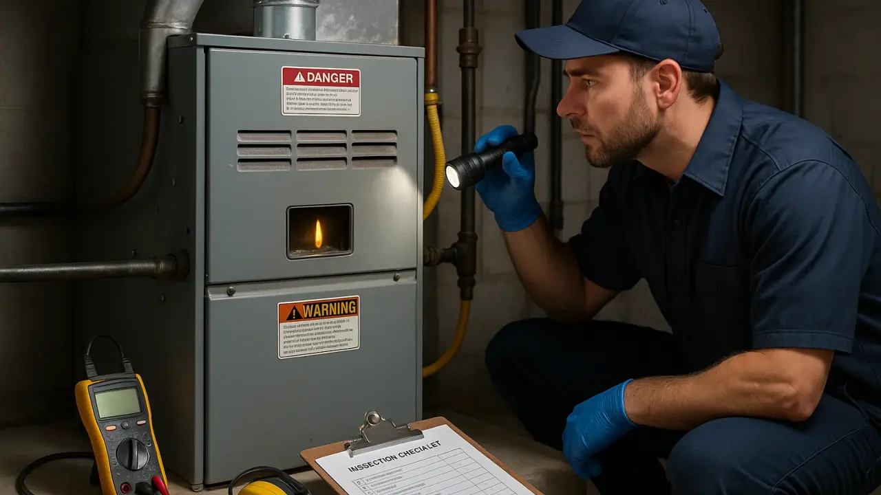 Illustration of an HVAC technician inspecting a gas furnace with a flashlight, with a multimeter and inspection checklist on the floor