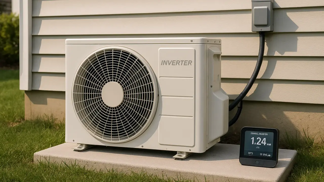 Illustration of a white inverter heat pump outdoor unit on a concrete pad beside a house, with an energy monitor display nearby