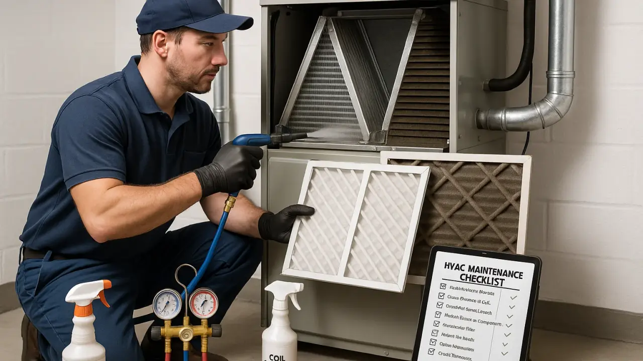 Illustration of an HVAC technician cleaning an indoor coil beside a furnace, with a new air filter, refrigerant gauges and a maintenance checklist